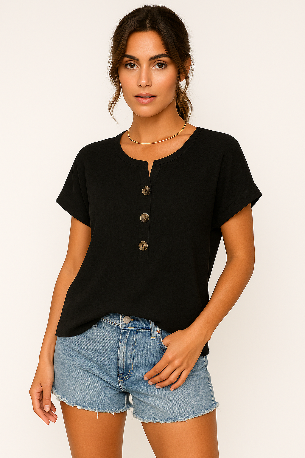 Olive | Knitted Button-Detail T-Shirt