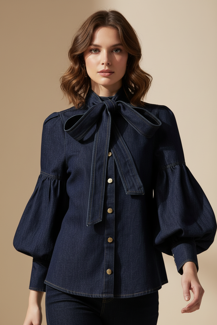 Mary | Denim Long Puff Sleeves Shirt